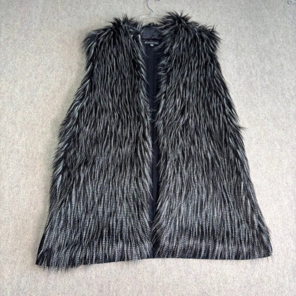 Adrianna Papell Faux Fur Vest Womens 1X Black Cotton Knit Back Boho Chic Luxury
